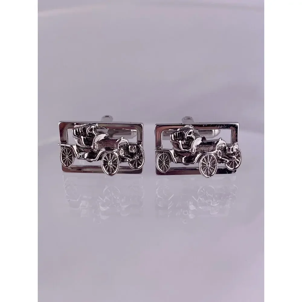 Model T Antique Car Buggy Silver Tone Cufflinks Shields Vintage K1